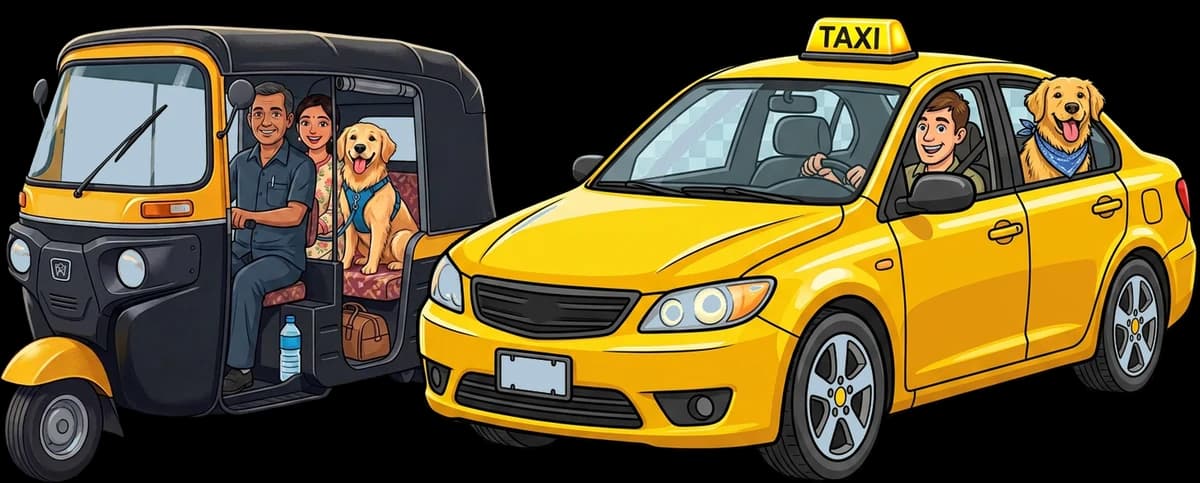 An illustrated auto rickshaw and cab, each carrying a happy dog